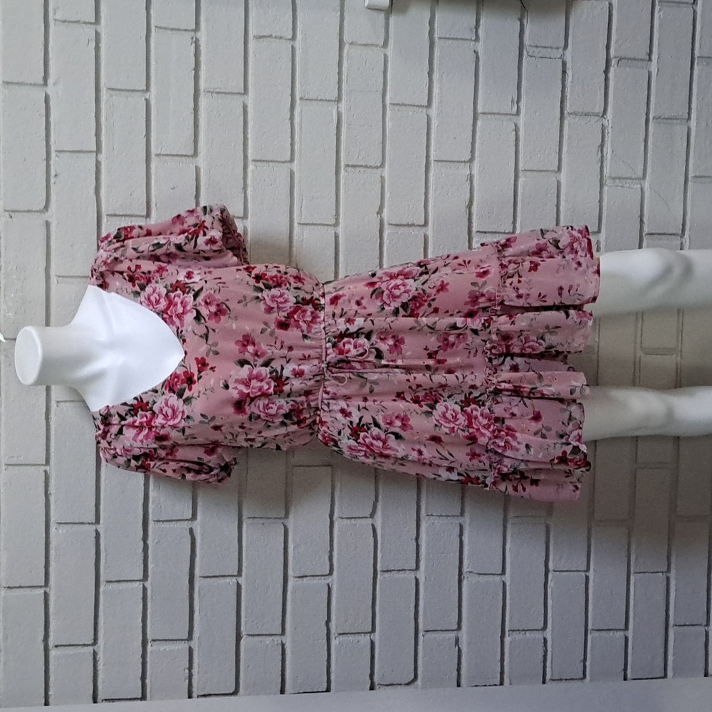 Crystal Doll Floral Ruffled Lined Short Puffy Sleeve Dress. Size Medium NWOT